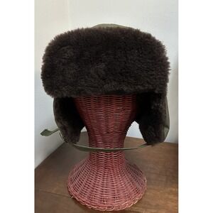 Vintage Quilt Lined Trapper Hat Aviator Hunter Green Faux Fur Adult XL Made USA